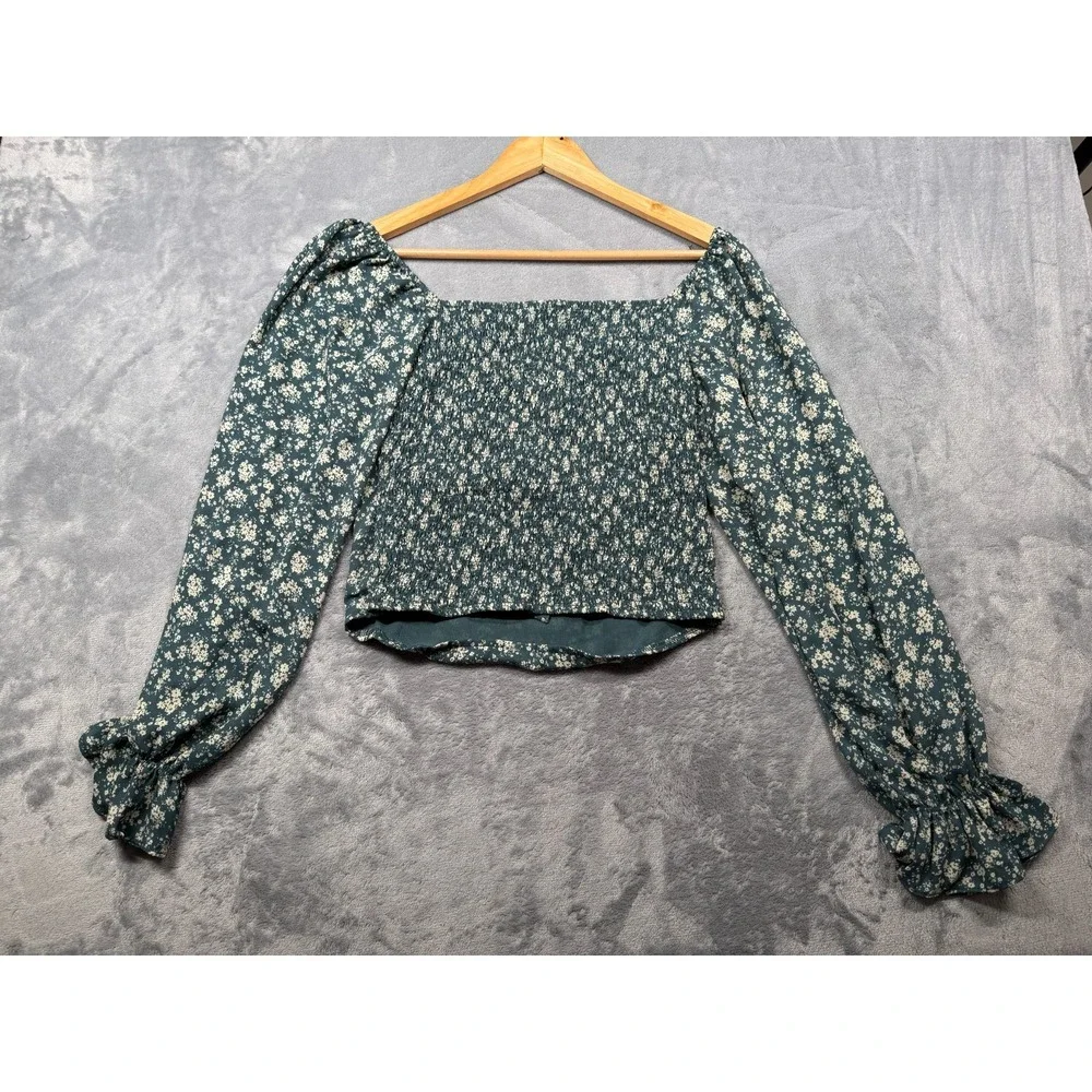 ASTR The Label Crop Top Womens XL Teal Floral Ruffle Puff Sleeve Sweetheart Neck